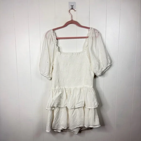 Japna White Eyelet Tiered Puff Sleeve Smocked Mini Dress Beach Boho Summer XL - Picture 8 of 11